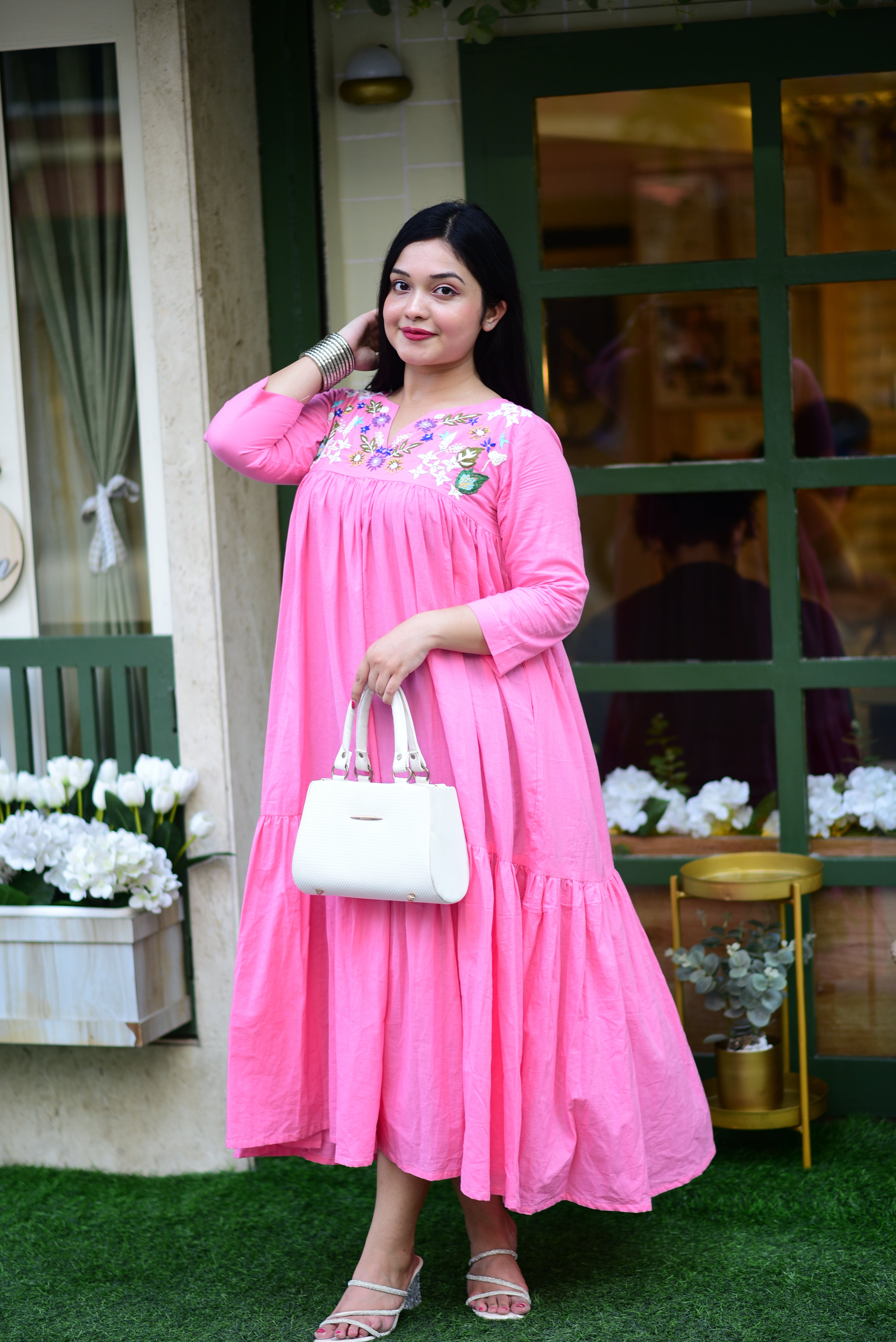 Hand Embroidered Pure Cotton Midi Dress